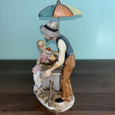 Norleans Porcelain Large Figurine Hand Painted Apple Sales Cart Umbrella Vintage - Thumbnail 10
