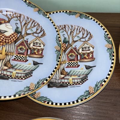 Set Of 8 Sakura 1998 Debbie Mumm Woodland Santa 8" Salad Dessert Salad Plates - Thumbnail 9