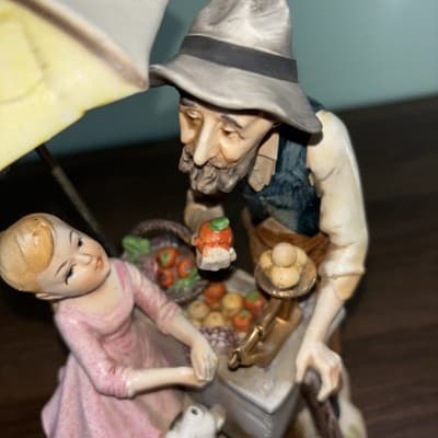 Norleans Porcelain Large Figurine Hand Painted Apple Sales Cart Umbrella Vintage - Thumbnail 7