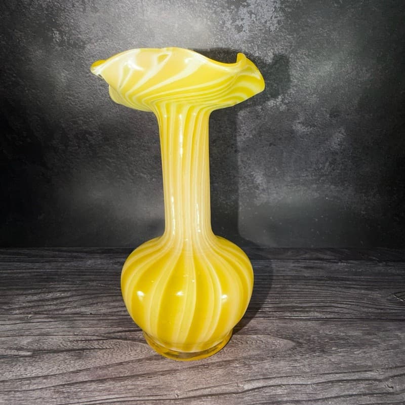 Vintage Hand Blown Canary Yellow and White Striped Ruffled Art Glass Vase - Thumbnail 8