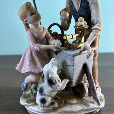 Norleans Porcelain Large Figurine Hand Painted Apple Sales Cart Umbrella Vintage - Thumbnail 2
