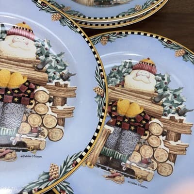 Set Of 8 Sakura 1998 Debbie Mumm Woodland Santa 8" Salad Dessert Salad Plates - Thumbnail 11