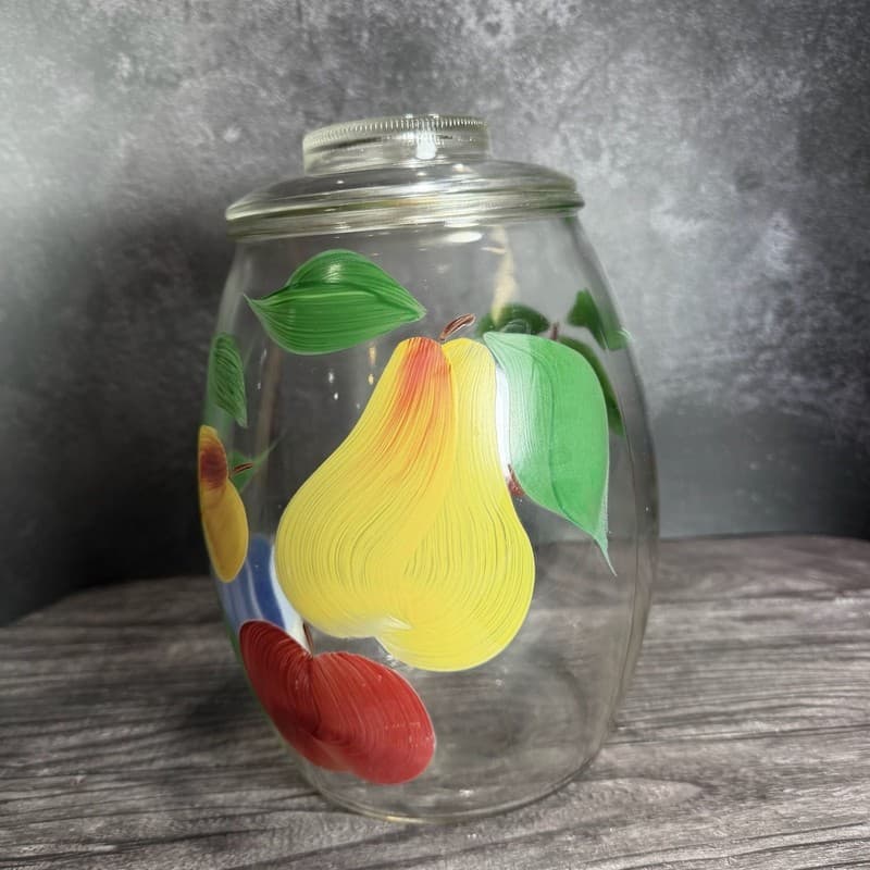 Vintage Hand-Painted Fruit Glass Canister Cookie Jar with Lid Kitchenware - Thumbnail 7
