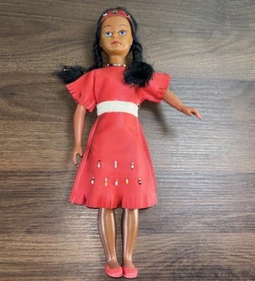 American Indian Girl Doll 12” Made in Hong Kong Red Dress Faux Leather VTG Bea