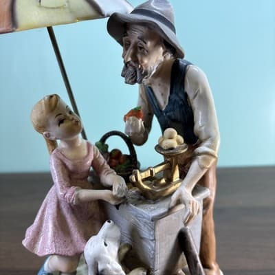 Norleans Porcelain Large Figurine Hand Painted Apple Sales Cart Umbrella Vintage - Thumbnail 3