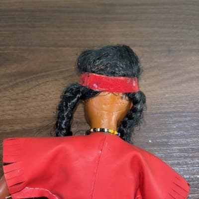 American Indian Girl Doll 12” Made in Hong Kong Red Dress Faux Leather VTG Bea - Thumbnail 8