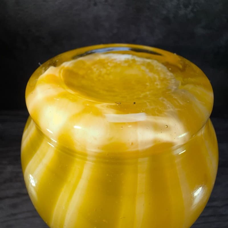 Vintage Hand Blown Canary Yellow and White Striped Ruffled Art Glass Vase - Thumbnail 10