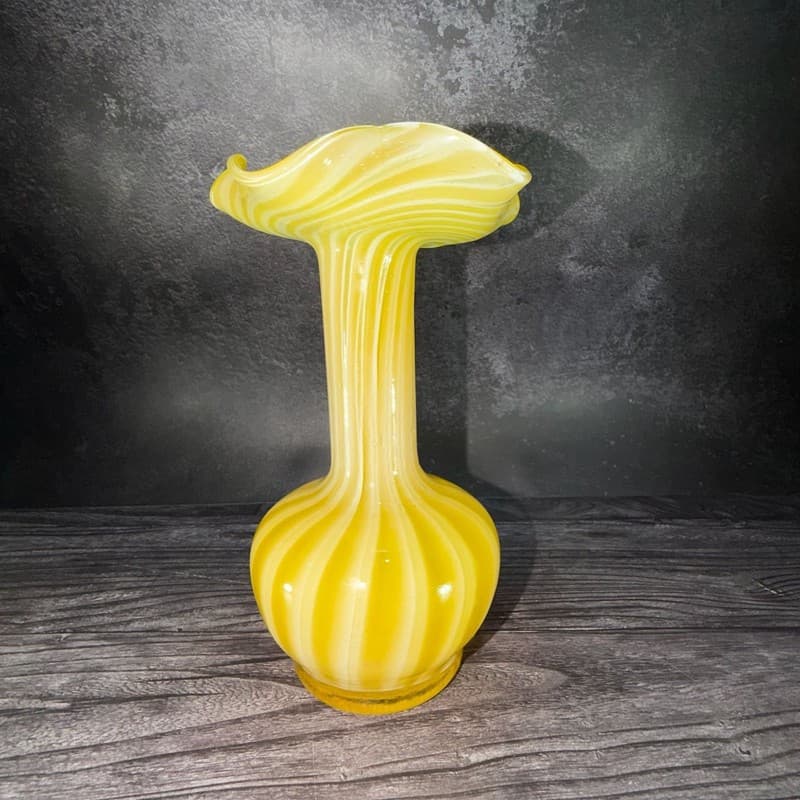 Vintage Hand Blown Canary Yellow and White Striped Ruffled Art Glass Vase - Thumbnail 3