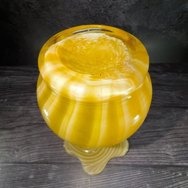 Vintage Hand Blown Canary Yellow and White Striped Ruffled Art Glass Vase - Thumbnail 11