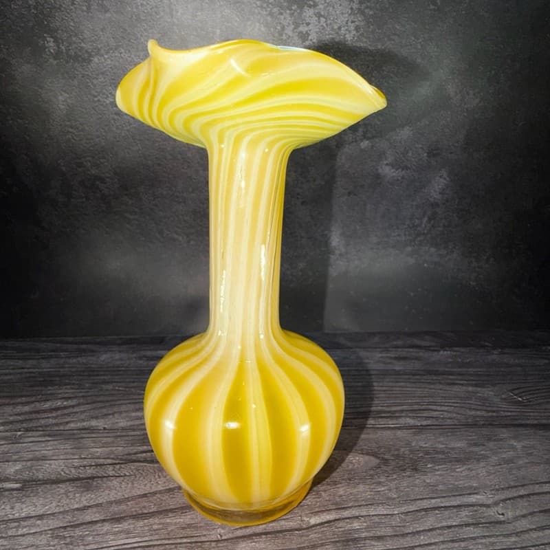 Vintage Hand Blown Canary Yellow and White Striped Ruffled Art Glass Vase - Thumbnail 4