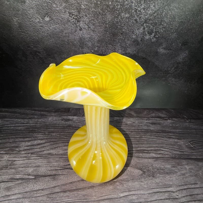 Vintage Hand Blown Canary Yellow and White Striped Ruffled Art Glass Vase - Thumbnail 7