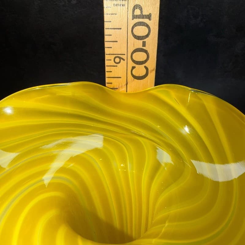 Vintage Hand Blown Canary Yellow and White Striped Ruffled Art Glass Vase - Thumbnail 13