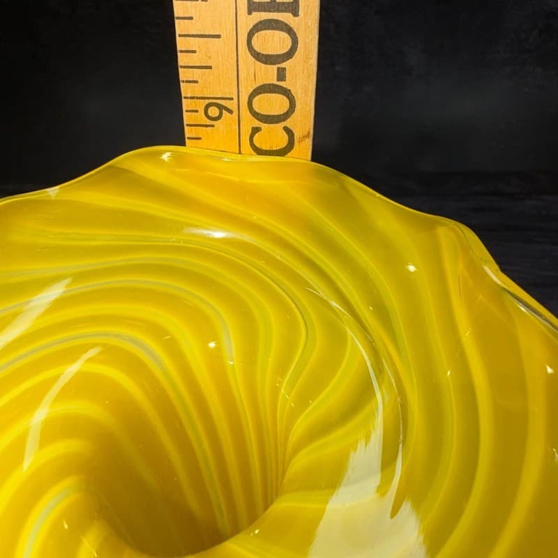 Vintage Hand Blown Canary Yellow and White Striped Ruffled Art Glass Vase - Thumbnail 12
