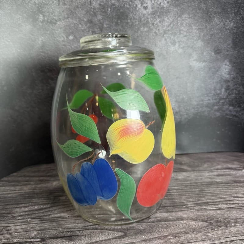 Vintage Hand-Painted Fruit Glass Canister Cookie Jar with Lid Kitchenware - Thumbnail 8