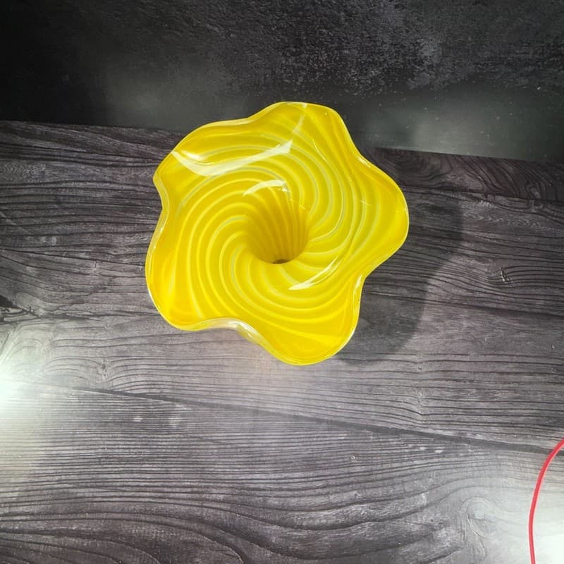 Vintage Hand Blown Canary Yellow and White Striped Ruffled Art Glass Vase - Thumbnail 6