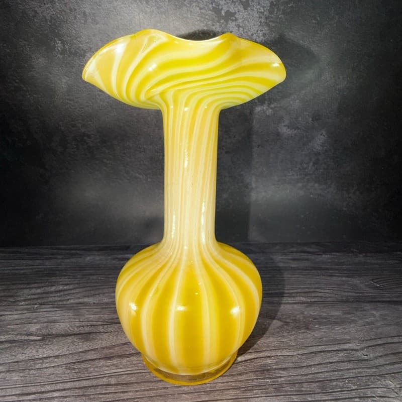 Vintage Hand Blown Canary Yellow and White Striped Ruffled Art Glass Vase