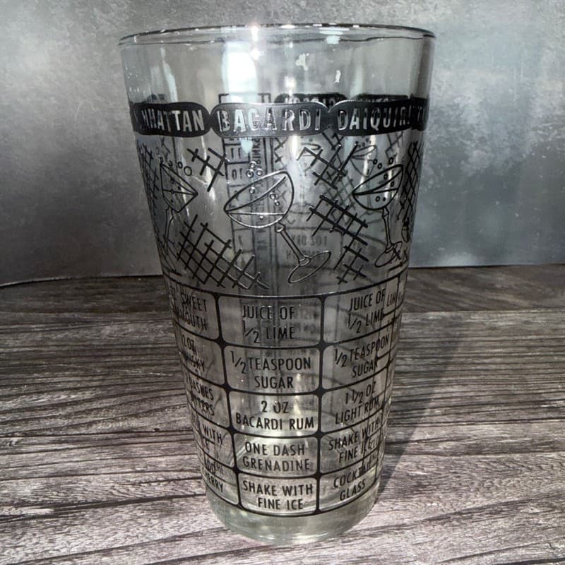 Vintage Mid-Century Federal Glass Cocktail Recipe Mixing Glass Black Graphics