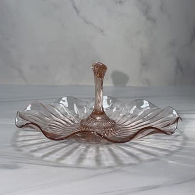 Vtge Pink Depression Glass Bon-Bon Dish Handle Center And Candy Dish - Thumbnail 7