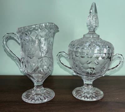 Vintage Etched Cut Glass Crystal Footed Creamer & Steeple Lidded Sugar Bowl Rose