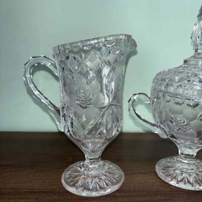 Vintage Etched Cut Glass Crystal Footed Creamer & Steeple Lidded Sugar Bowl Rose - Thumbnail 3