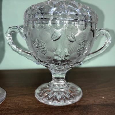 Vintage Etched Cut Glass Crystal Footed Creamer & Steeple Lidded Sugar Bowl Rose - Thumbnail 4