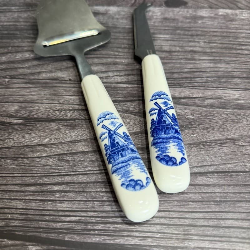 Vintage Elesva Holland Delft Blue Windmill Cheese Slicer and Knife Set Ceramic H - Thumbnail 2