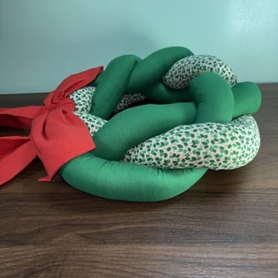 Vintage Braided Cloth Holiday Wreath 12” Green & White Holly Printed Fabric Re - Thumbnail 6