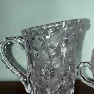 Vintage Etched Cut Glass Crystal Footed Creamer & Steeple Lidded Sugar Bowl Rose - Thumbnail 6