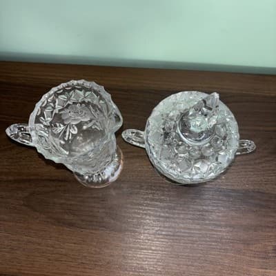 Vintage Etched Cut Glass Crystal Footed Creamer & Steeple Lidded Sugar Bowl Rose - Thumbnail 7