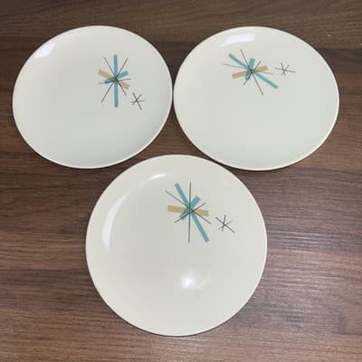 3 Vintage Salem NORTH STAR Bread Dessert Plates Atomic Starburst MCM 6" Crazing