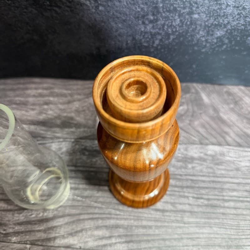 Vintage Mid-Century Modern Turned Wood Hurricane Candle Holder with Glass Chimne - Thumbnail 5