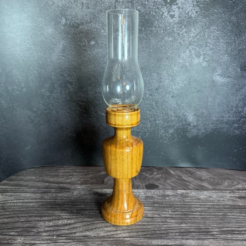Vintage Mid-Century Modern Turned Wood Hurricane Candle Holder with Glass Chimne - Thumbnail 11