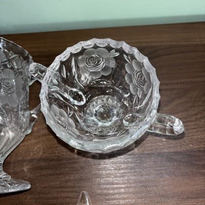 Vintage Etched Cut Glass Crystal Footed Creamer & Steeple Lidded Sugar Bowl Rose - Thumbnail 16