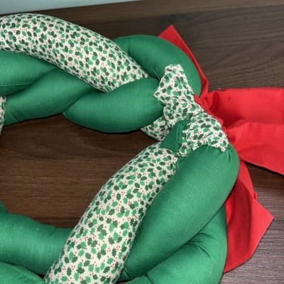 Vintage Braided Cloth Holiday Wreath 12” Green & White Holly Printed Fabric Re - Thumbnail 10