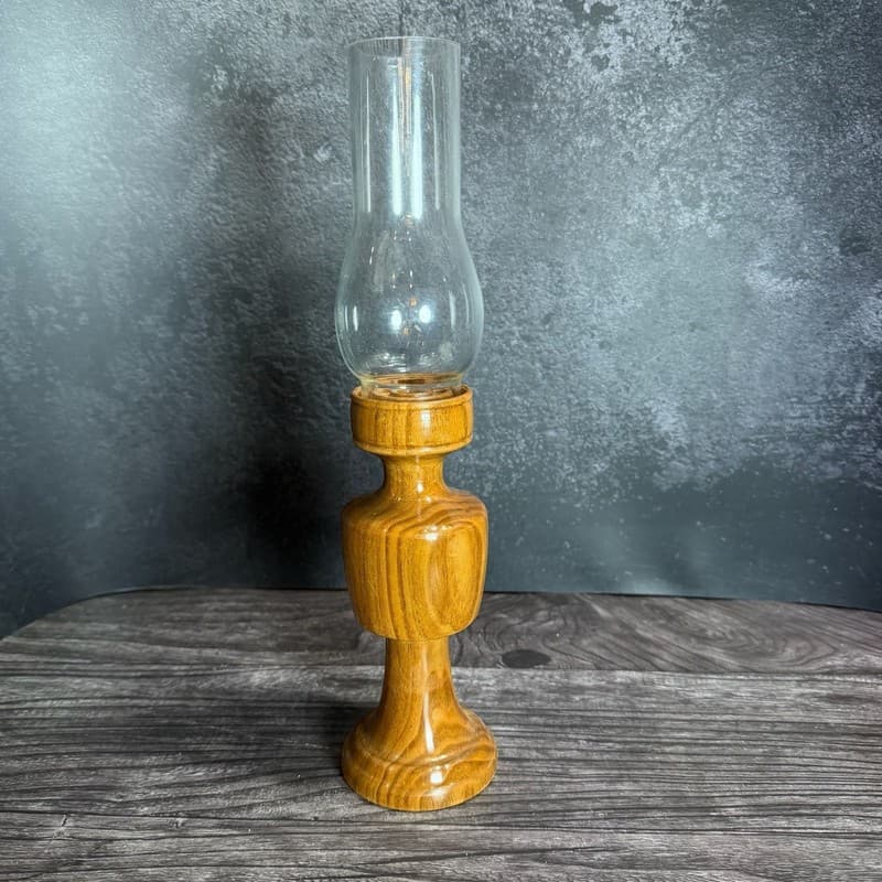 Vintage Mid-Century Modern Turned Wood Hurricane Candle Holder with Glass Chimne - Thumbnail 7