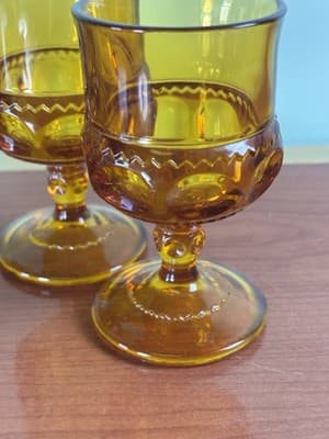 (4) Amber Indiana Glass Thumbprint Kings Crown Goblets Cordial Glass 4 1/4” VT - Thumbnail 4