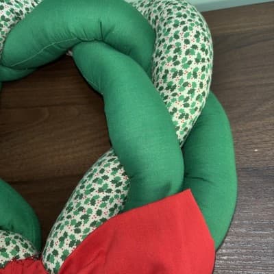 Vintage Braided Cloth Holiday Wreath 12” Green & White Holly Printed Fabric Re - Thumbnail 4