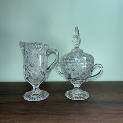 Vintage Etched Cut Glass Crystal Footed Creamer & Steeple Lidded Sugar Bowl Rose - Thumbnail 9