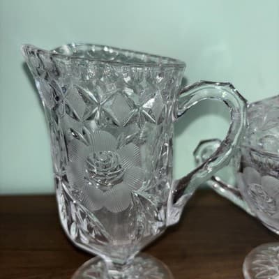 Vintage Etched Cut Glass Crystal Footed Creamer & Steeple Lidded Sugar Bowl Rose - Thumbnail 10