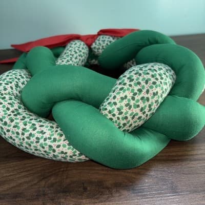 Vintage Braided Cloth Holiday Wreath 12” Green & White Holly Printed Fabric Re - Thumbnail 8