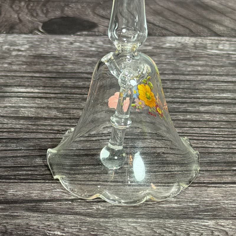 VTG Hand Blown Clear Glass Bell w Long Handle & Painted Floral Design - Thumbnail 6