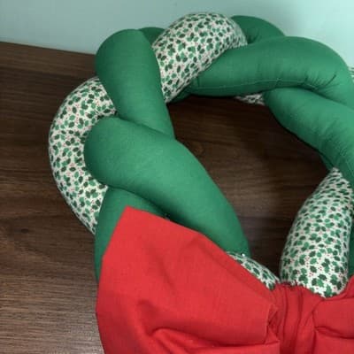Vintage Braided Cloth Holiday Wreath 12” Green & White Holly Printed Fabric Re - Thumbnail 2