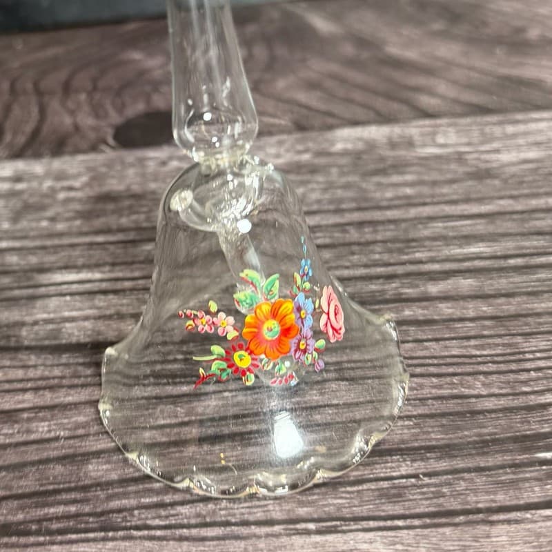 VTG Hand Blown Clear Glass Bell w Long Handle & Painted Floral Design - Thumbnail 3