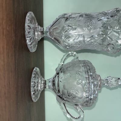 Vintage Etched Cut Glass Crystal Footed Creamer & Steeple Lidded Sugar Bowl Rose - Thumbnail 13