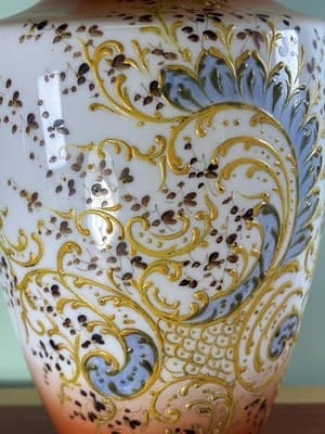Antique Large White Orange Glass Vase Gold Embossed Hand Painted Paisley - Thumbnail 2