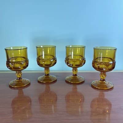 (4) Amber Indiana Glass Thumbprint Kings Crown Goblets Cordial Glass 4 1/4” VT - Thumbnail 2