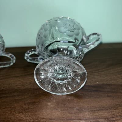 Vintage Etched Cut Glass Crystal Footed Creamer & Steeple Lidded Sugar Bowl Rose - Thumbnail 17