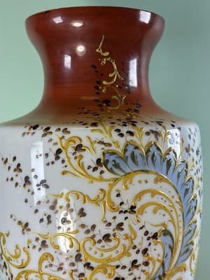 Antique Large White Orange Glass Vase Gold Embossed Hand Painted Paisley - Thumbnail 3