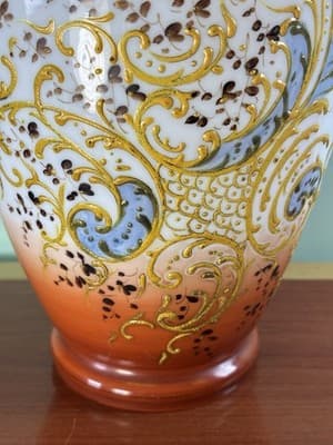 Antique Large White Orange Glass Vase Gold Embossed Hand Painted Paisley - Thumbnail 4