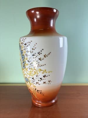 Antique Large White Orange Glass Vase Gold Embossed Hand Painted Paisley - Thumbnail 7